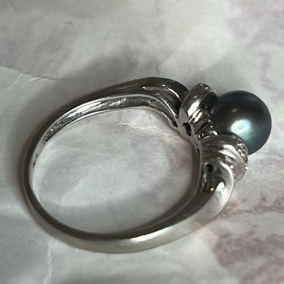 10k White Gold 9mm Grey Tahitian Pearl and Diamond Ring - Picture 10 of 15